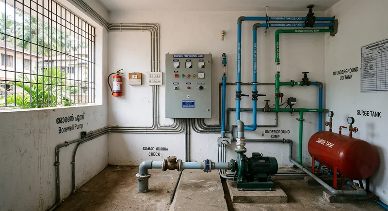 Apartment block borewell pump room in East Fort, Thrissur