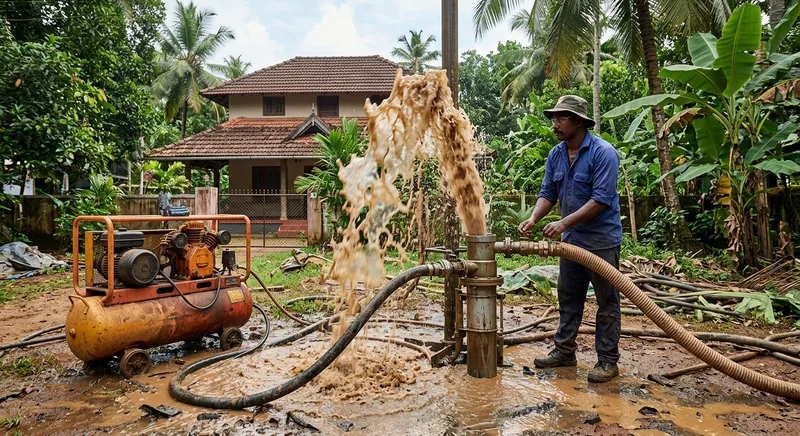 Air compressor flushing silt and sand out of a Thrissur borewell