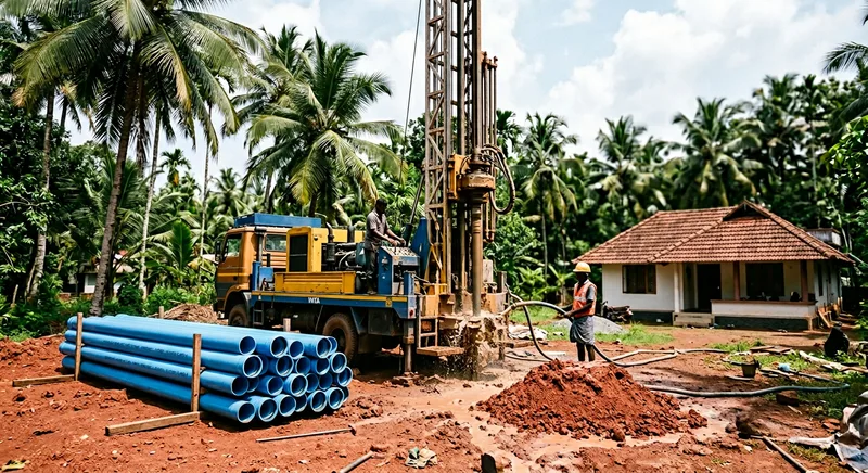 Residential borewell drilling at a Thrissur home with rotary rig and casing pipes