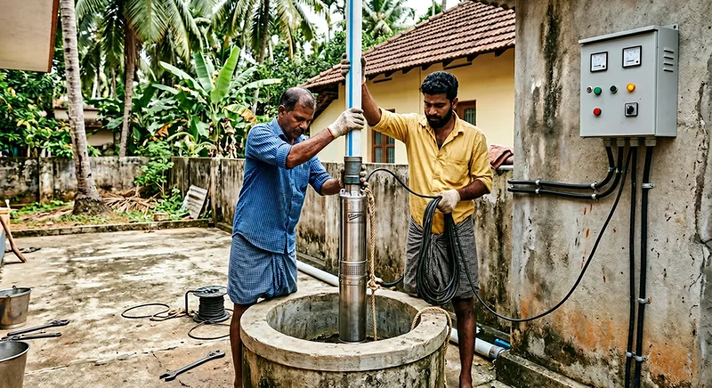 Submersible pump being lowered into a borewell with control panel ready